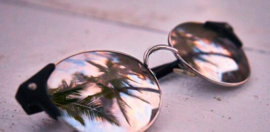 Gafas con reflejos de plantas