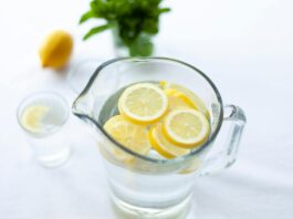 Vaso de agua mineral con rodajas de limón